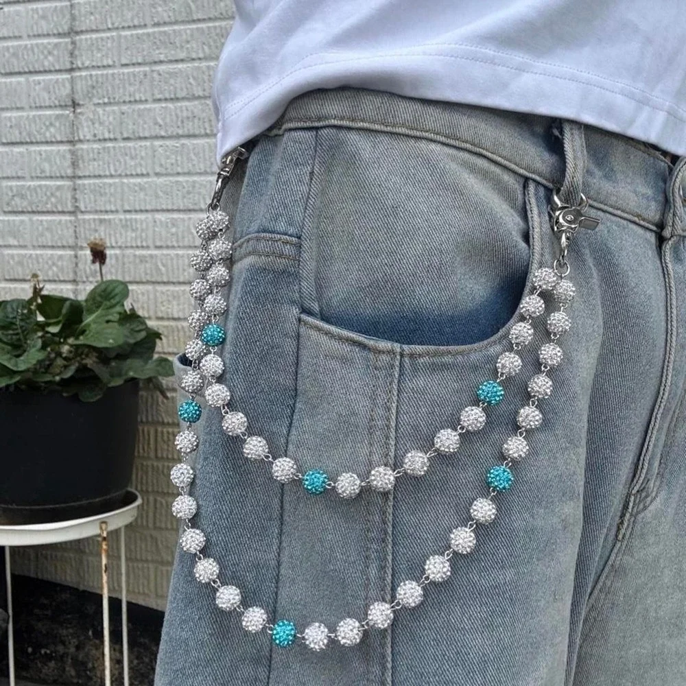 White & Blue Beaded Wallet Chain